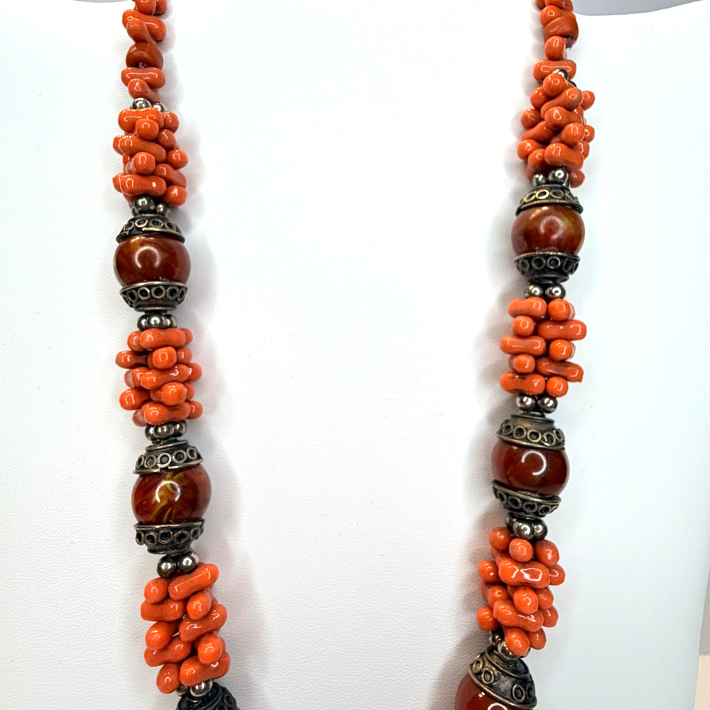 Vintage Tribal Faux Coral & Carnelian Statement Necklace | Boho Ethnic Beaded - Picture 12 of 14